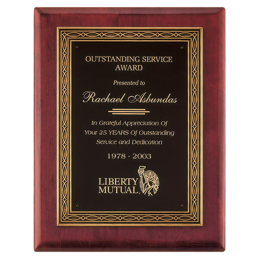 Engraved Rosewood Piano Finish Plaque with Antique Bronze Cast Frame and Black Brass Plate