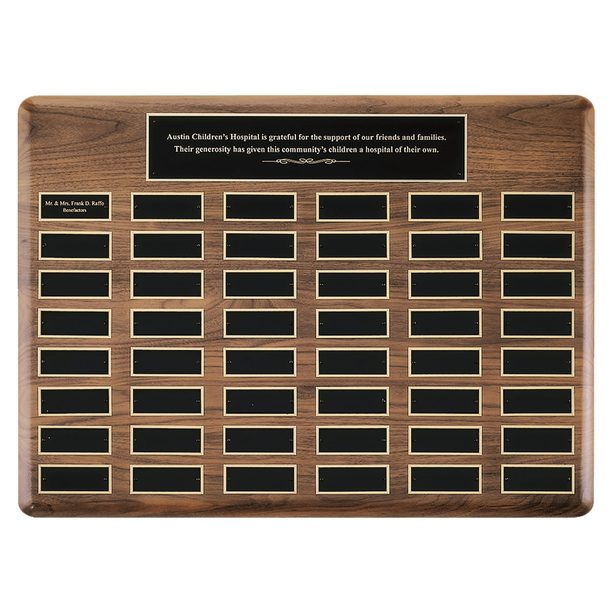 Engraved American Walnut Perpetual Plaque with Brass Plates - Black Brass / 20 x 30 in (48 plates, 1 1/2 x 3 3/4 in)