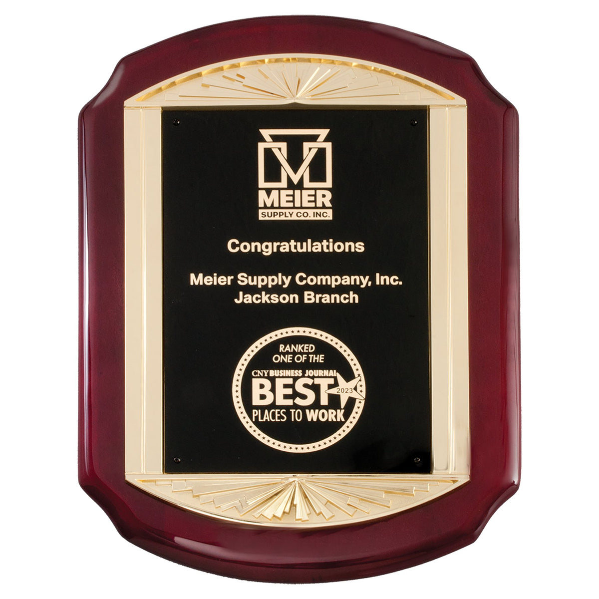 Engraved Rosewood Piano Finish Plaque with Metal Gold Sunburst Frame Casting and Black LaserFX Plate