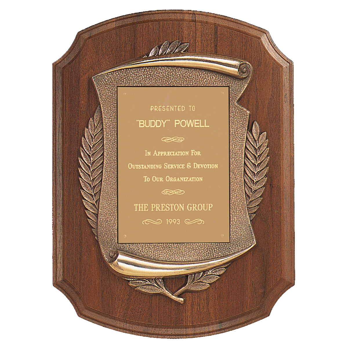 Engraved American Walnut Notch Corner Plaque with Antique Bronze Scroll and Brass Plate - Brushed Brass