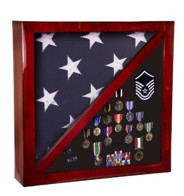 Engraved Rosewood Piano Finish Flag and Memorabilia Display Case