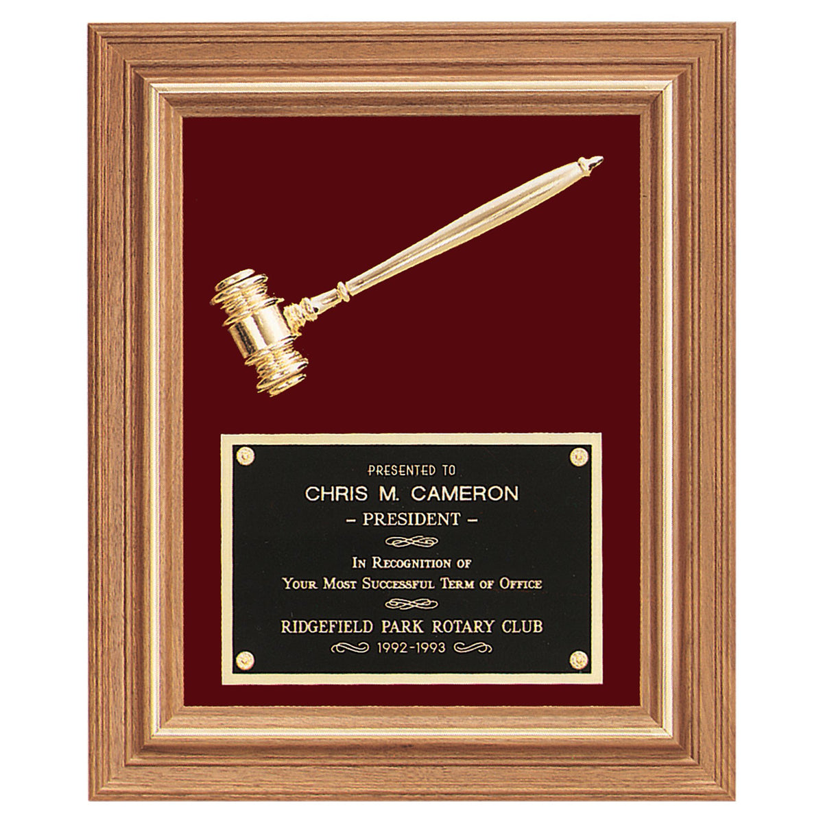 Engraved Gold Electroplated Gavel in a Walnut Frame with Maroon Velour Background and Black Brass Plate