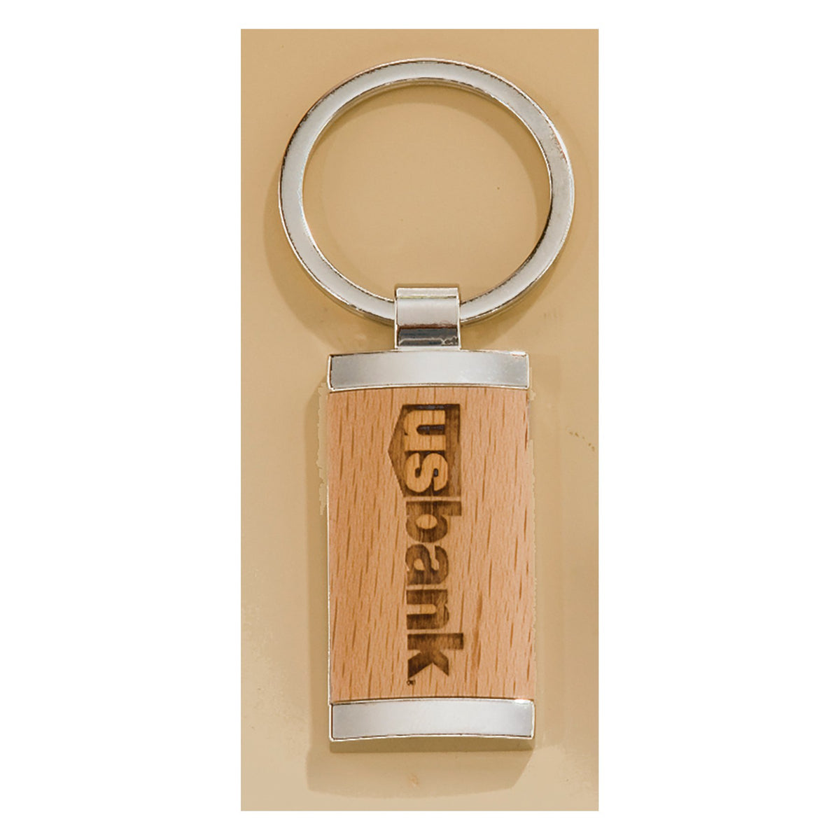 Engraved Rectangle Silver Key Ring with Maplewood Insert