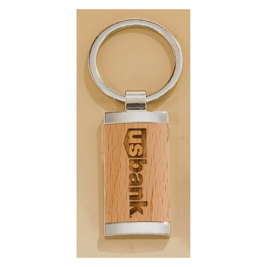 Engraved Rectangle Silver Key Ring with Maplewood Insert