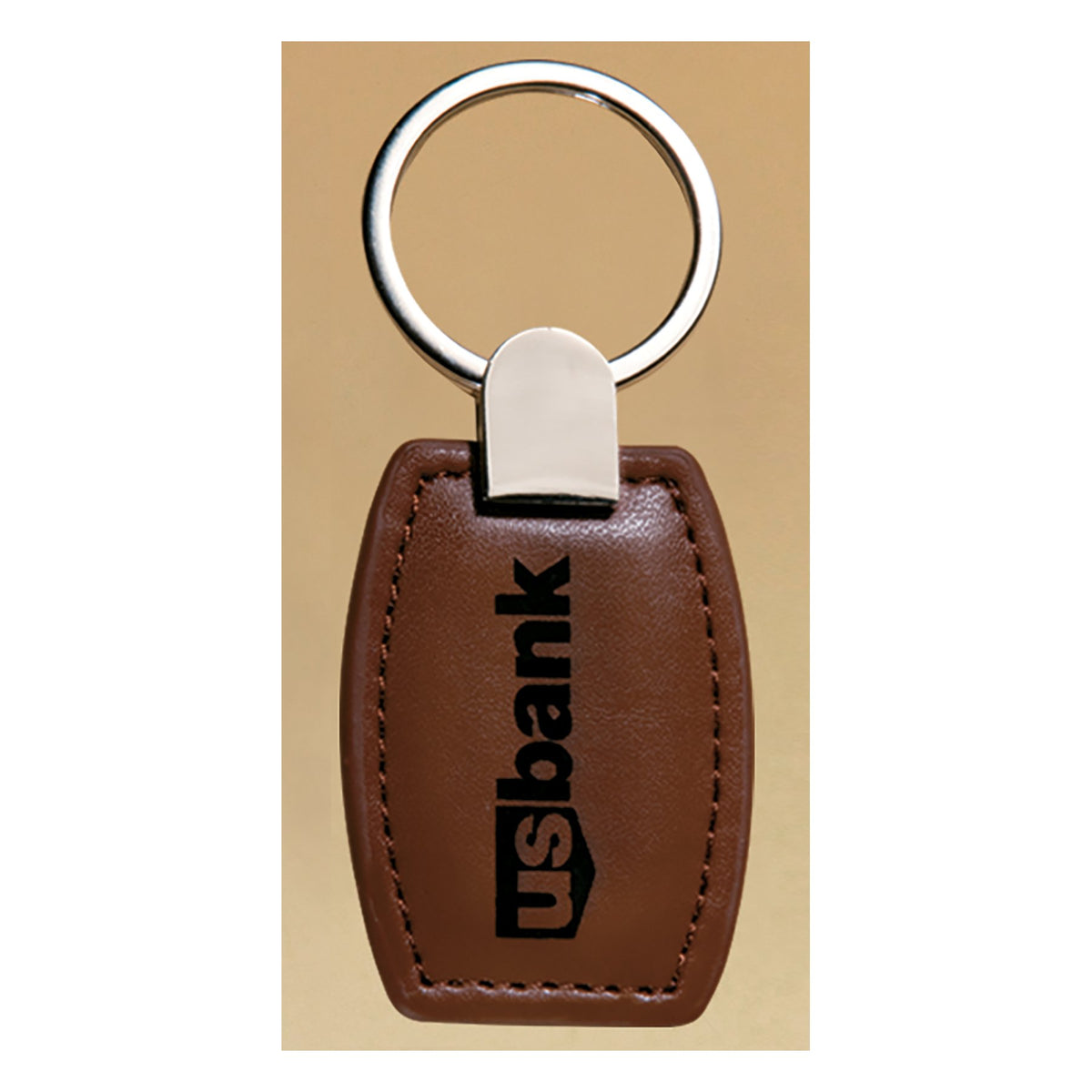 Engraved Brown/Gold Leatherette Key Ring with Silver Hardware