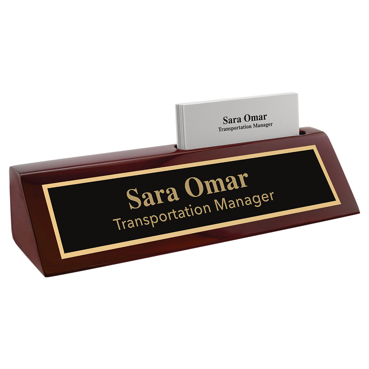 Engraved Rosewood Piano Finish Desk Wedge with Business Card Holder - 8 1/2 in