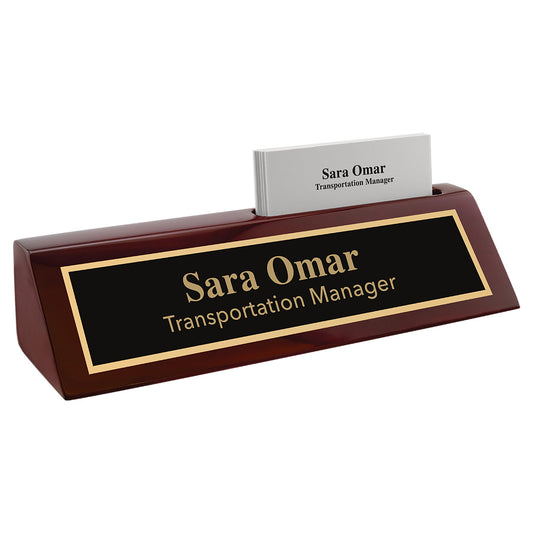 Engraved Rosewood Piano Finish Desk Wedge with Business Card Holder - 8 1/2 in