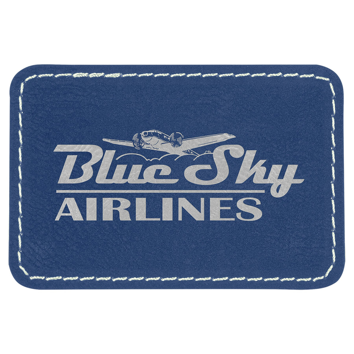 Engraved Rectangle Leatherette Patch with Adhesive - Blue/Silver / 3 x 2 in