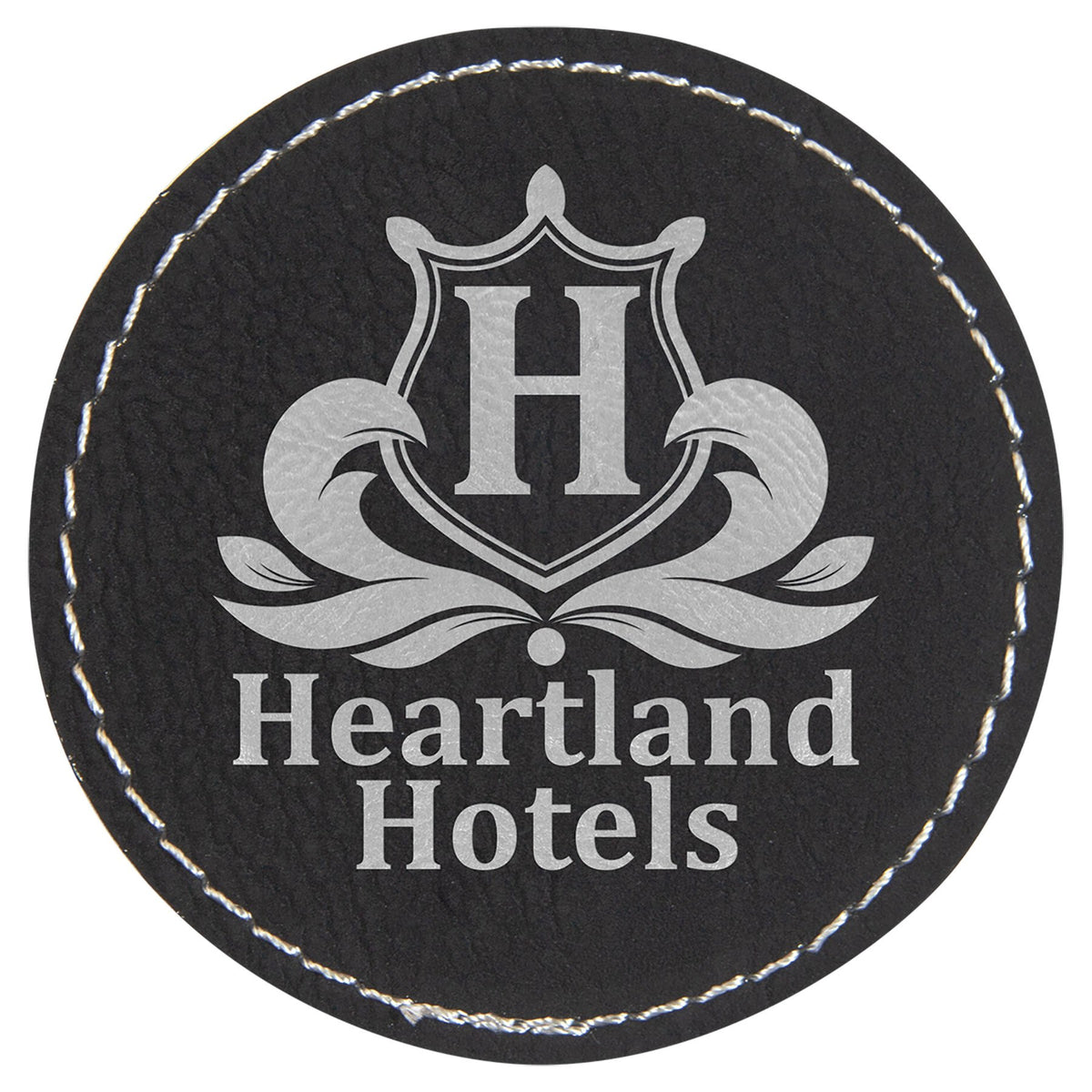 Engraved Round Leatherette Patch with Adhesive - Black/Silver / 2 1/2 in dia.