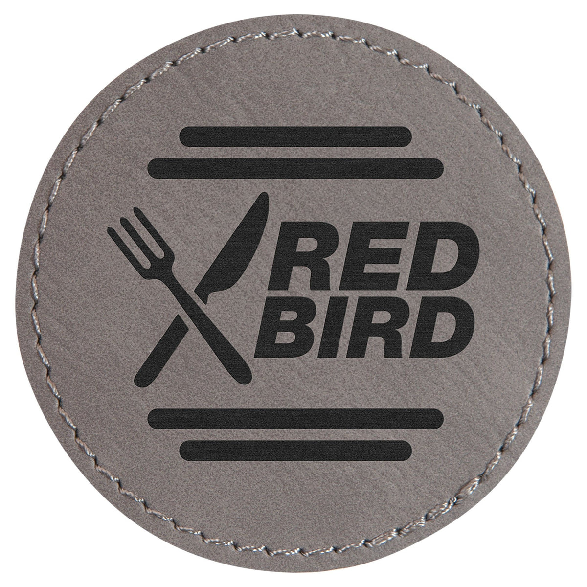 Engraved Round Leatherette Patch with Adhesive - Gray / 2 1/2 in dia.