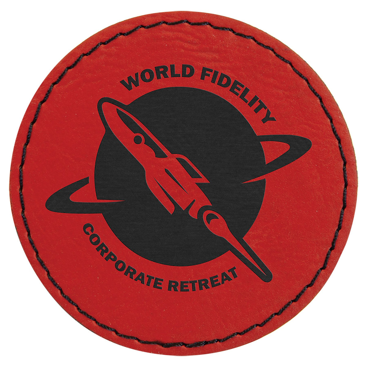 Engraved Round Leatherette Patch with Kota Pro Adhesive - Red / 2 1/2 in dia.