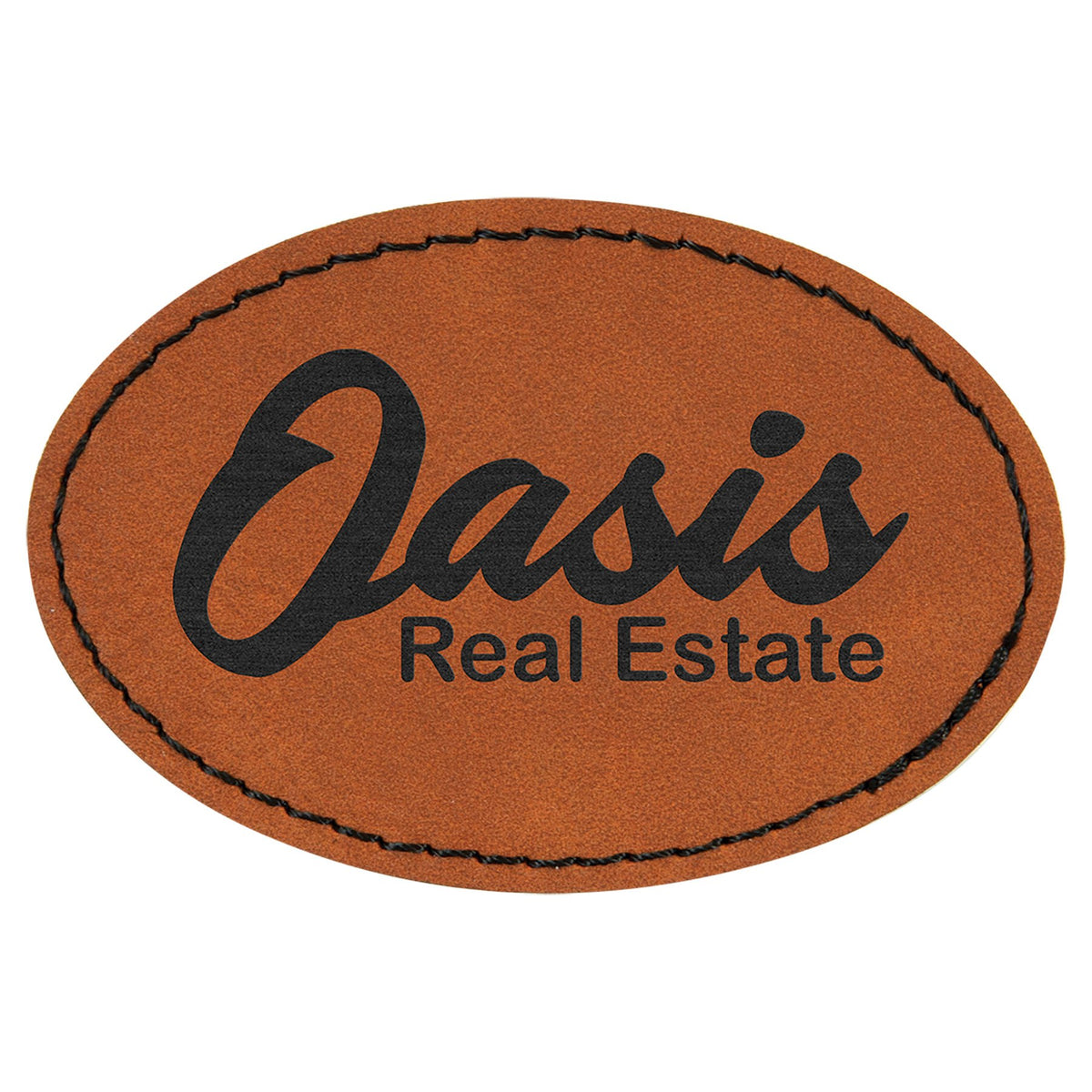 Engraved Oval Leatherette Patch with Adhesive - Rawhide / 3 x 2 in