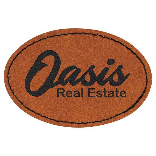 Engraved Oval Leatherette Patch with Adhesive - Rawhide / 3 x 2 in