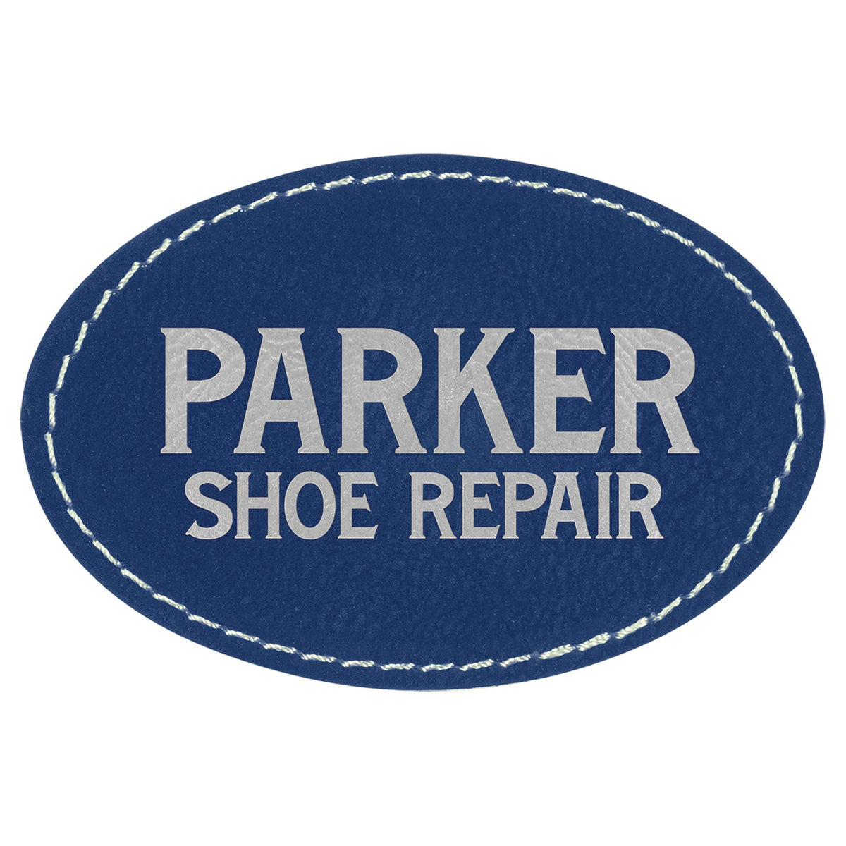 Engraved Oval Leatherette Patch with Adhesive - Blue/Silver / 3 x 2 in
