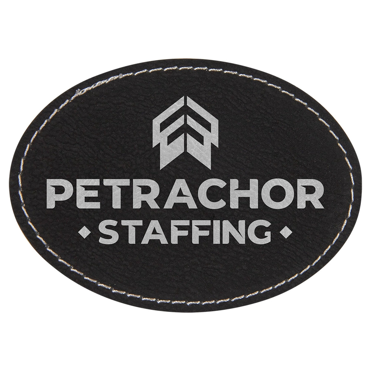 Engraved Oval Leatherette Patch with Adhesive - Black/Silver / 3 1/2 x 2 1/2 in