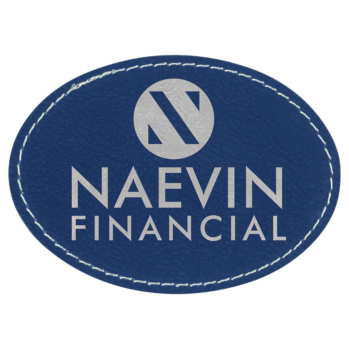 Engraved Oval Leatherette Patch with Adhesive - Blue/Silver / 3 1/2 x 2 1/2 in