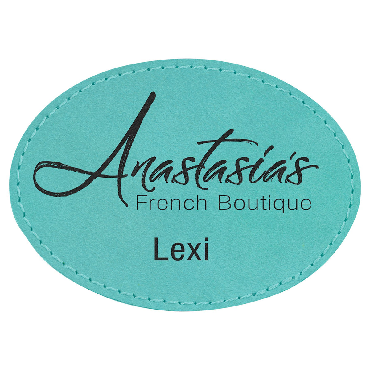 Engraved Oval Leatherette Patch with Kota Pro Adhesive - Teal / 3 1/2 x 2 1/2 in