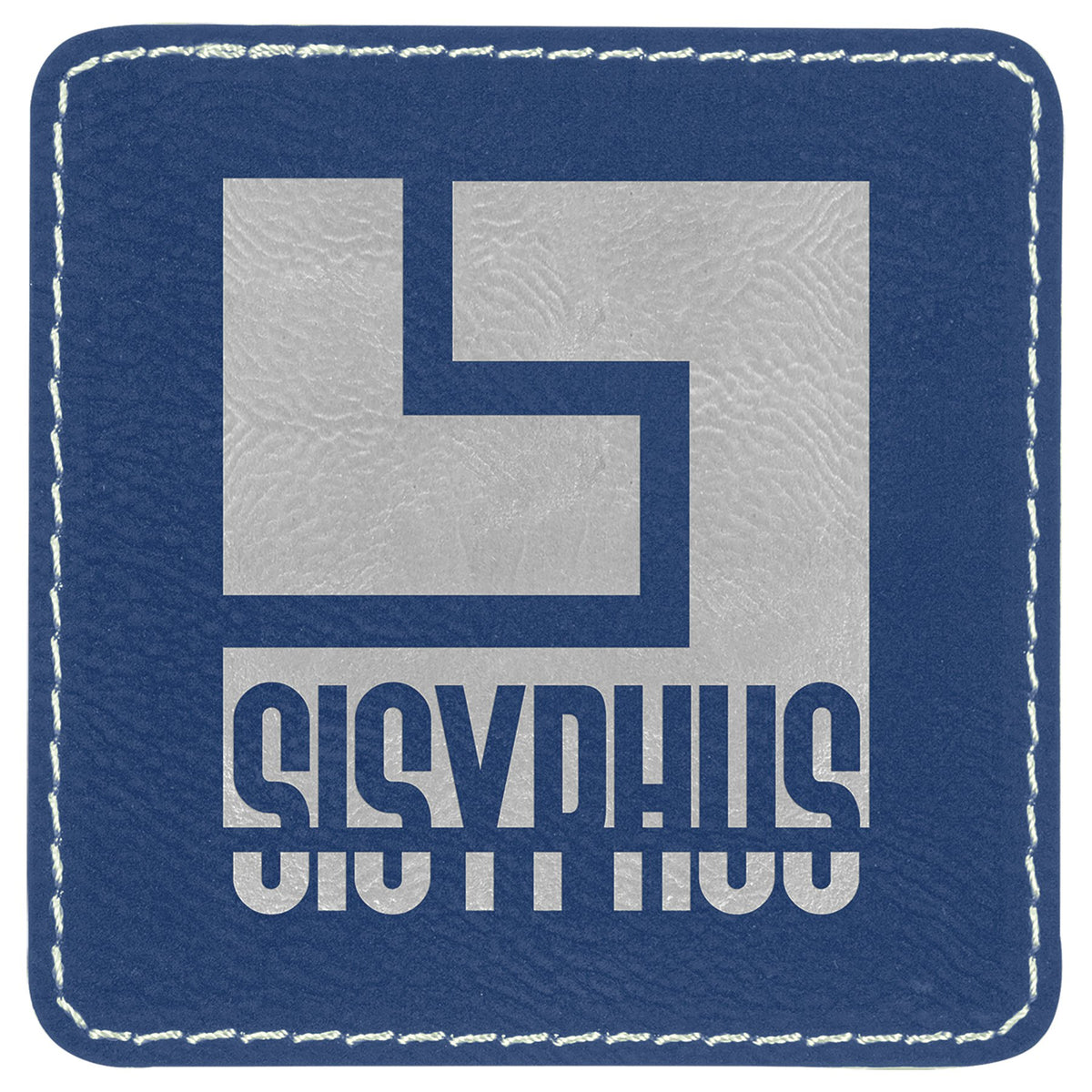 Engraved Square Leatherette Patch with Kota Pro Adhesive - Blue/Silver / 3 x 3 in