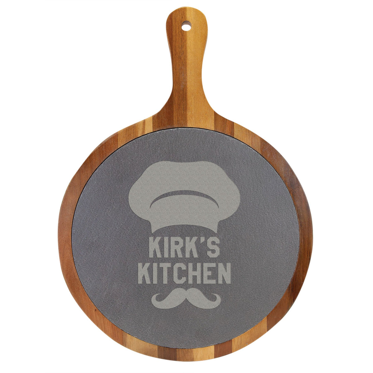 Engraved Round Acacia Wood and Slate Serving Board with Handle - 10 1/2 x 14 1/2 in