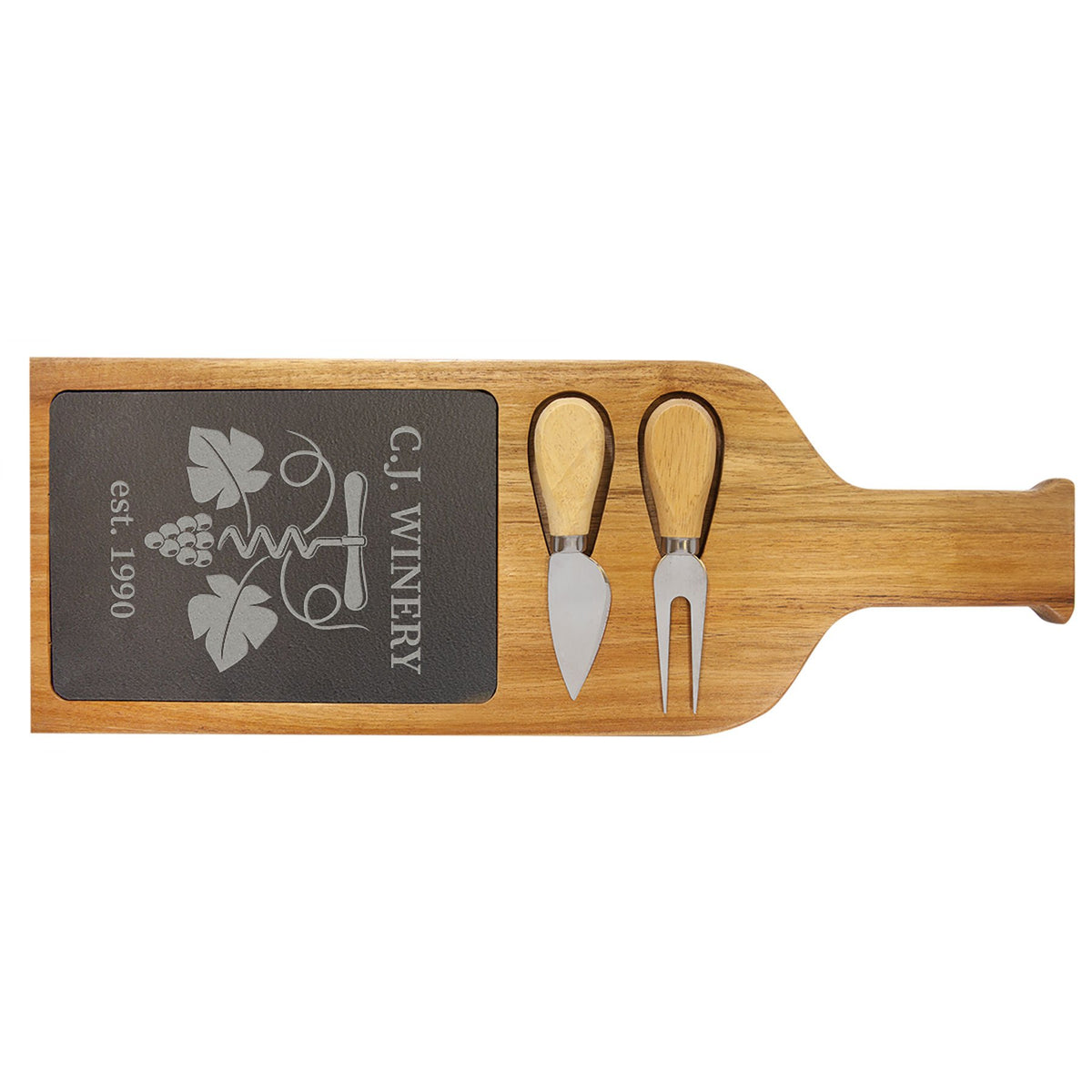 Engraved Acacia Wood and Slate Serving Board with Two Tools