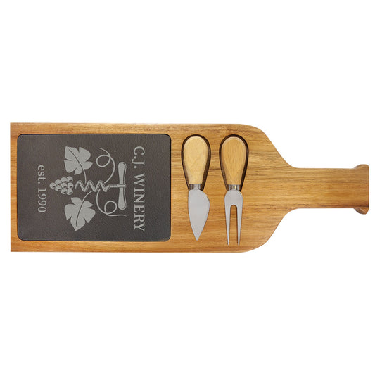 Engraved Acacia Wood and Slate Serving Board with Two Tools