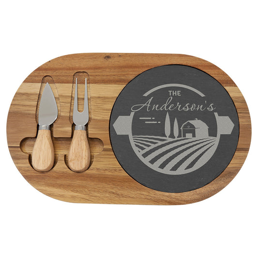 Engraved Acacia Wood and Slate Oval Cheese Set with Two Tools