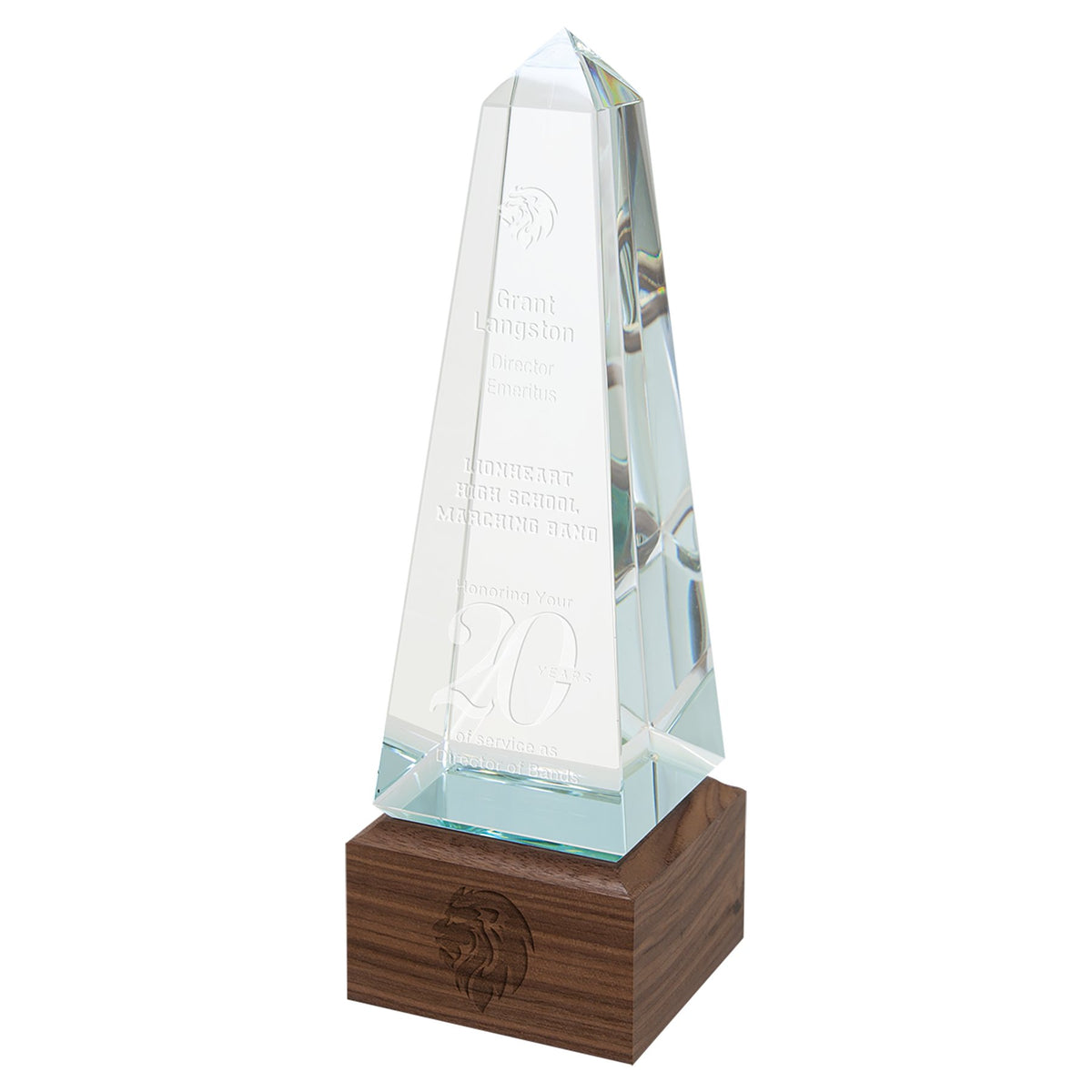 Engraved Obelisk Sierra Glass with Walnut Base - 9 3/4 in