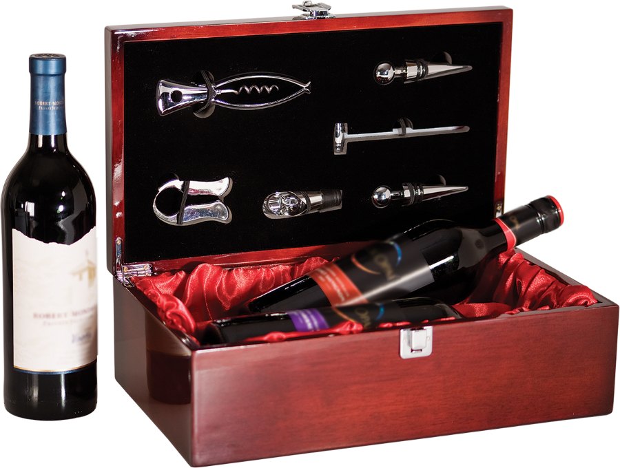 Engraved Rosewood Piano Finish Double Bottle Wine Box with Tools