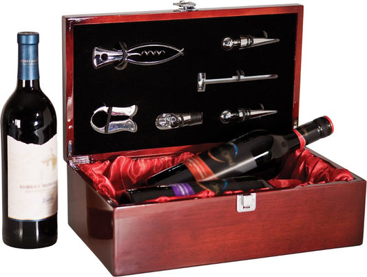 Engraved Rosewood Piano Finish Double Bottle Wine Box with Tools