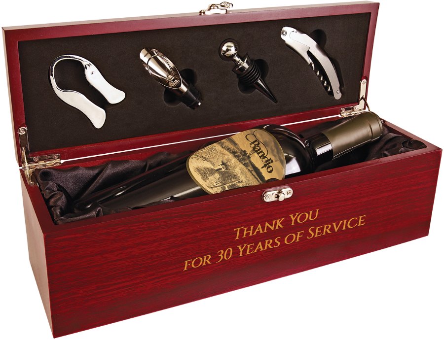 Engraved Rosewood Finish Single Wine Box with Tools and Black Lining