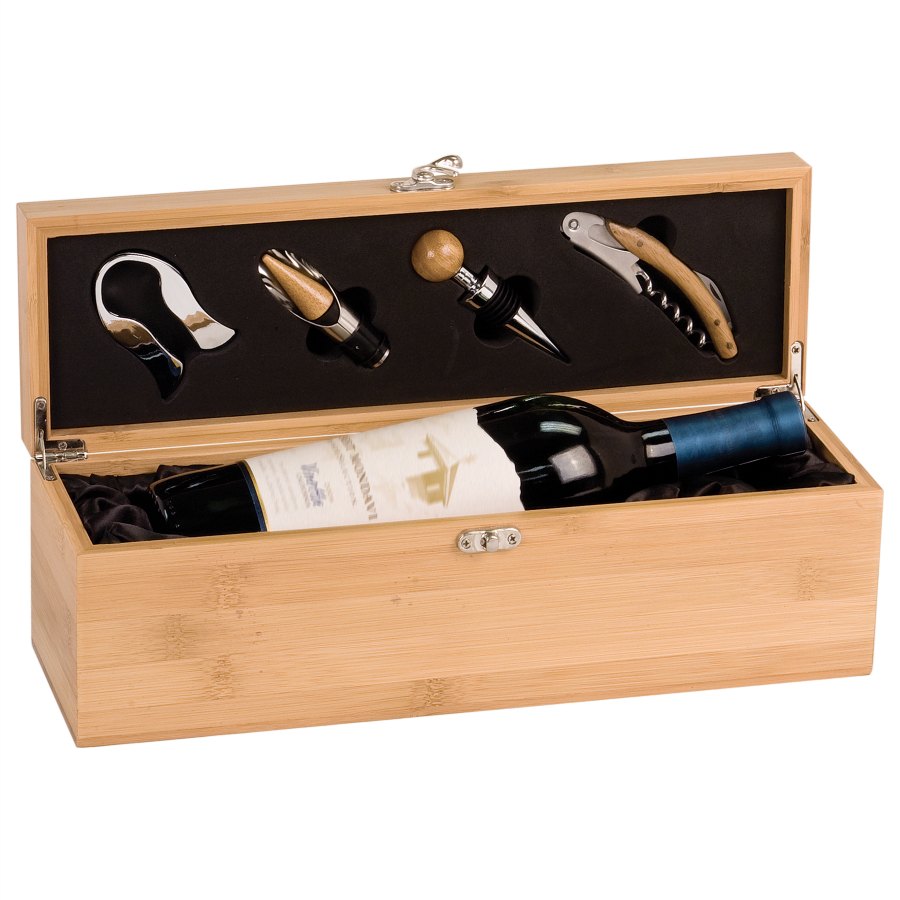 Engraved Bamboo Single Wine Box with Tools