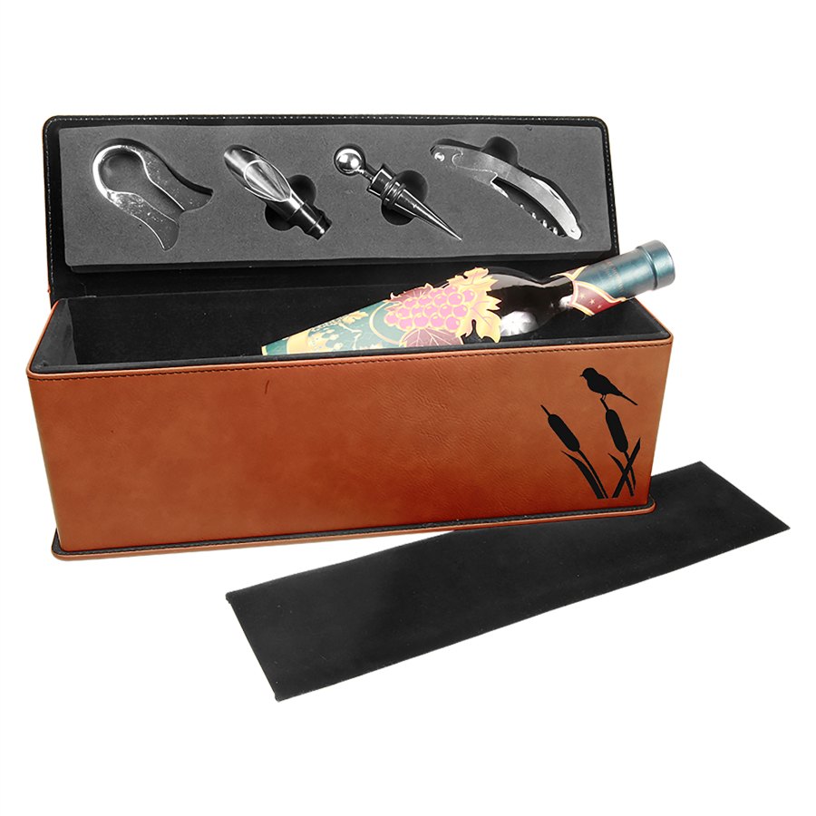 Engraved Leatherette Single Wine Box with Tools - Rawhide