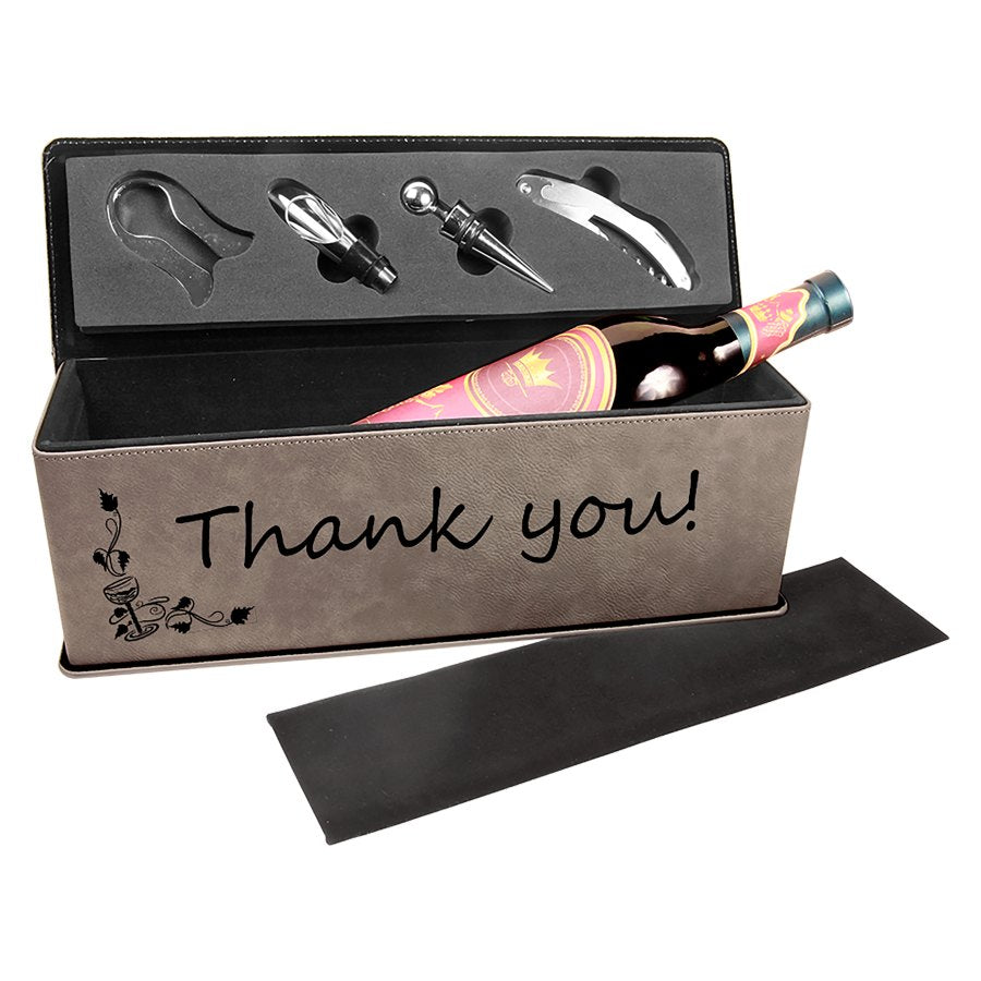 Engraved Leatherette Single Wine Box with Tools - Gray