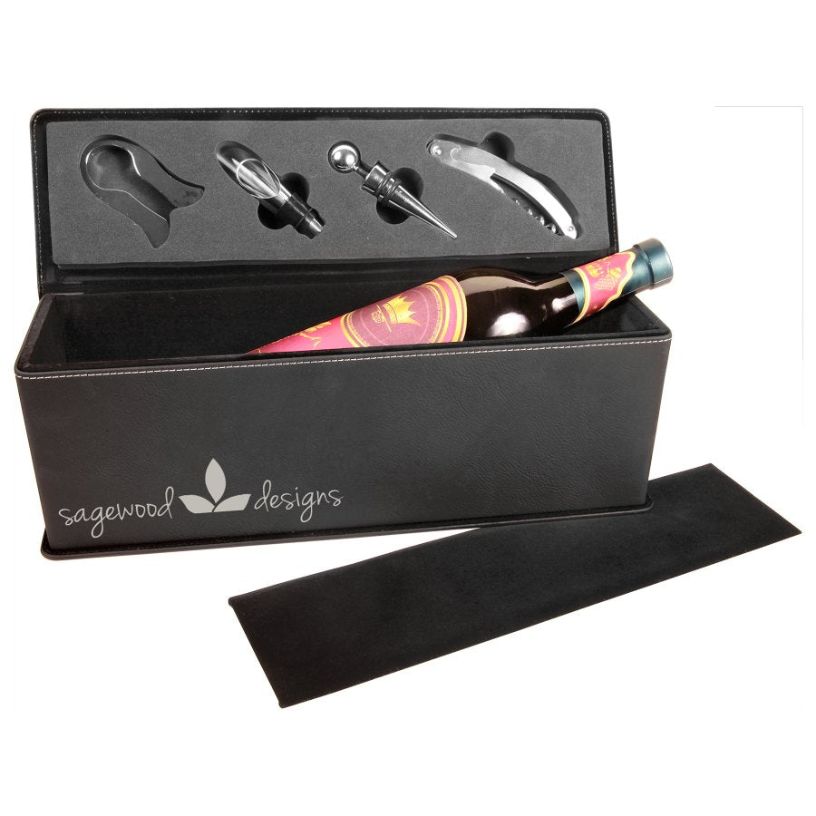 Engraved Leatherette Single Wine Box with Tools - Black/Silver