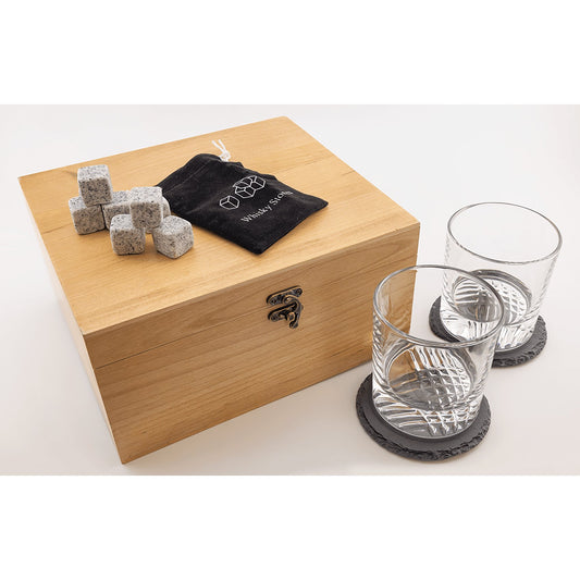 Engraved Red Alder Whiskey Set with Glasses, Slate Coasters and Whiskey Stones