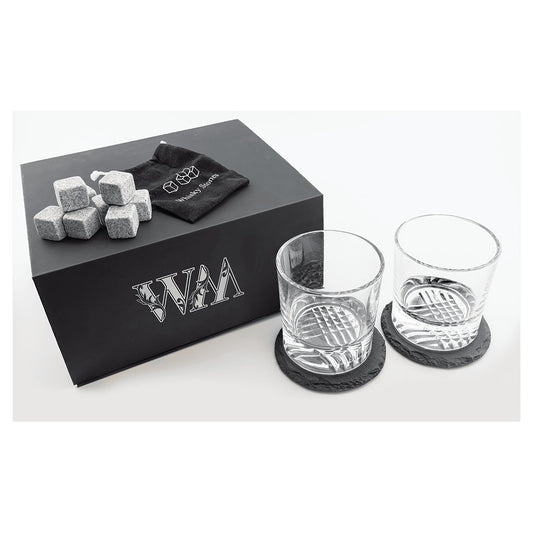 Engraved Lazerburst Whiskey Set with Two 9 oz Glasses, Slate Coasters and Whiskey Stones