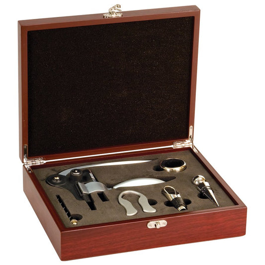 Engraved Rosewood Finish 5-Piece Wine Tool Gift Set