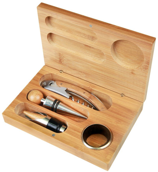 Engraved Bamboo 4-Piece Wine Tool Set