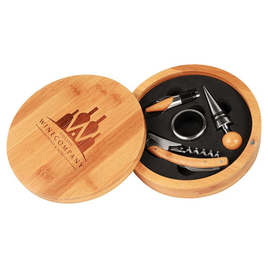 Engraved Round Bamboo 4-Piece Wine Tool Set