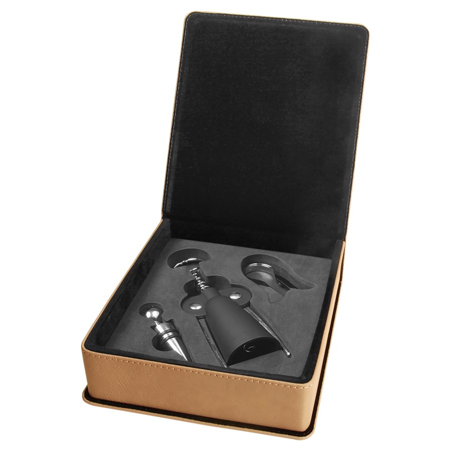 Engraved Leatherette 3-Piece Wine Tool Gift Set - Light Brown