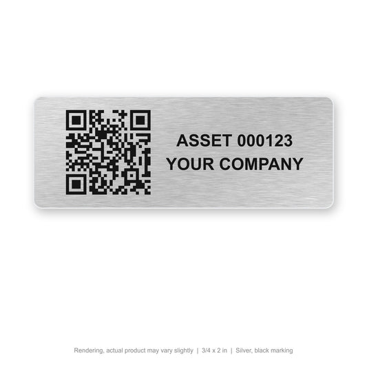 Aluminum Asset Tag with QR Code, 3/4 x 2 in, Silver, black marking (indoor) (rendering)