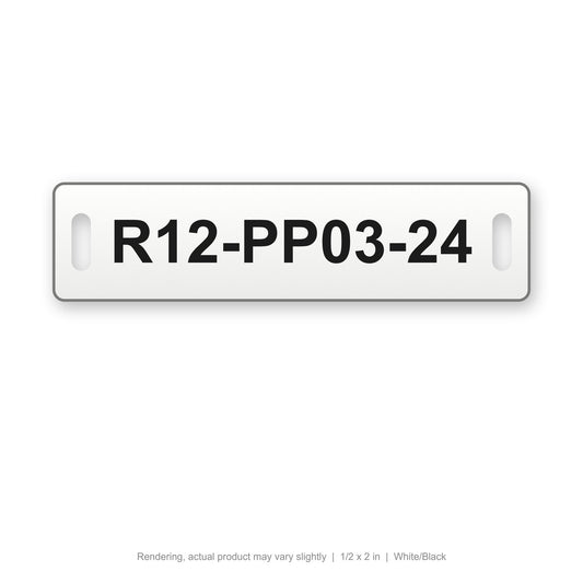 Engraved Cable Tag with Tie Slots (Phenolic-Style), 1/2 x 2 in, White/Black (rendering)