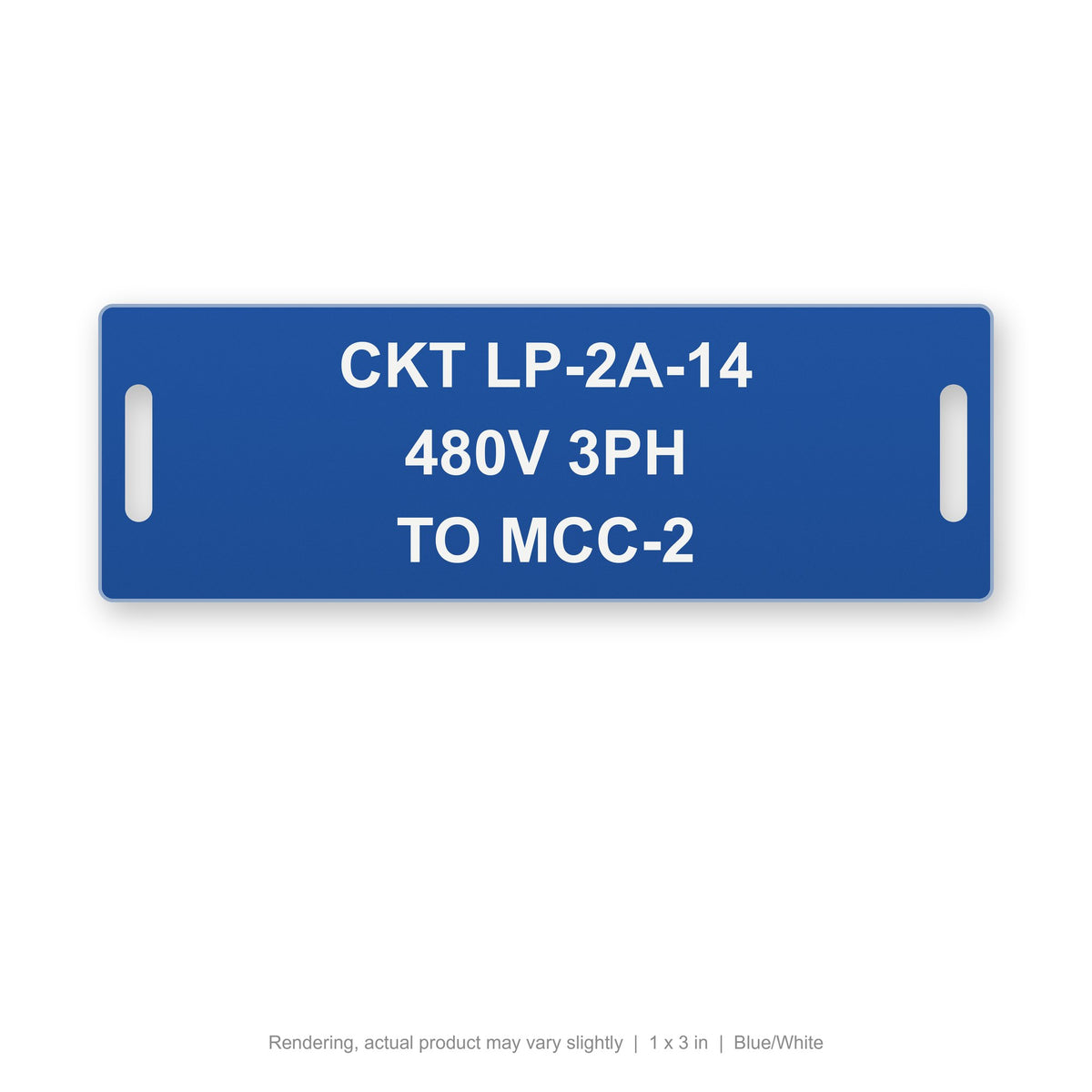 Engraved Cable Tag with Tie Slots (Phenolic-Style), 1 x 3 in, Blue/White (rendering)