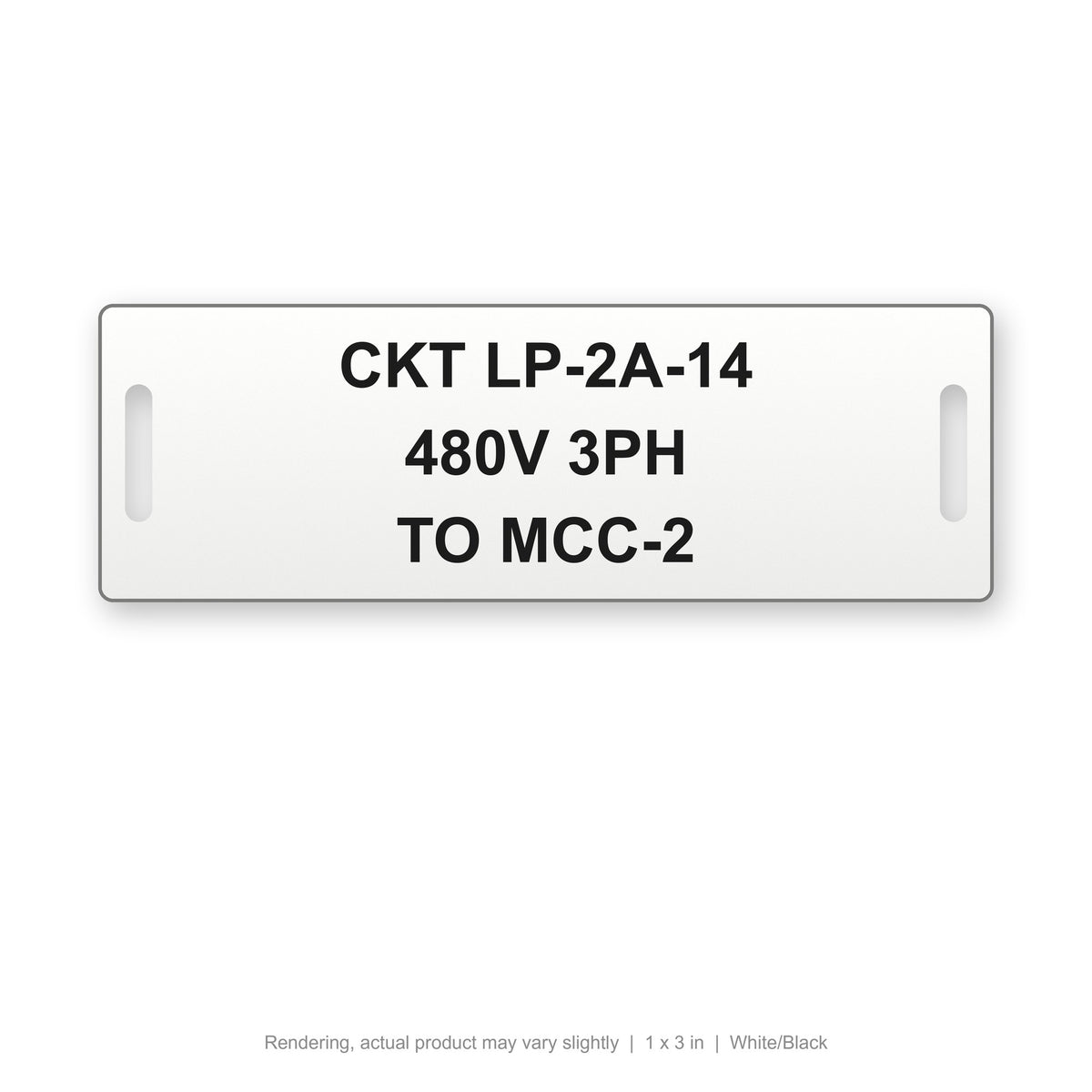 Engraved Cable Tag with Tie Slots (Phenolic-Style), 1 x 3 in, White/Black (rendering)