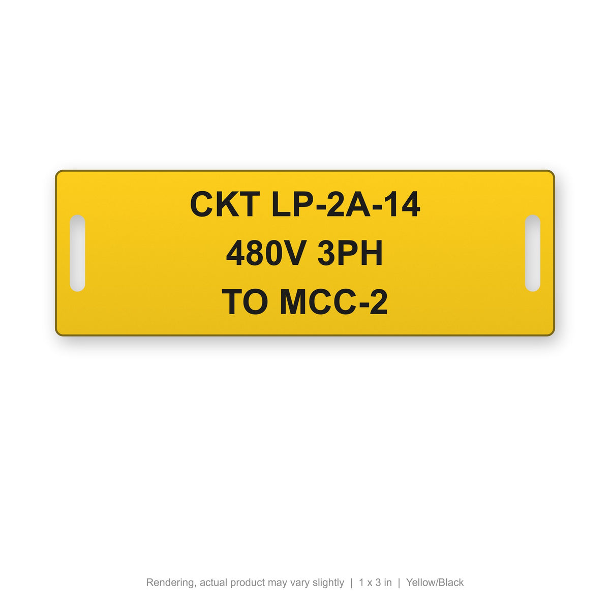 Engraved Cable Tag with Tie Slots (Phenolic-Style), 1 x 3 in, Yellow/Black (rendering)