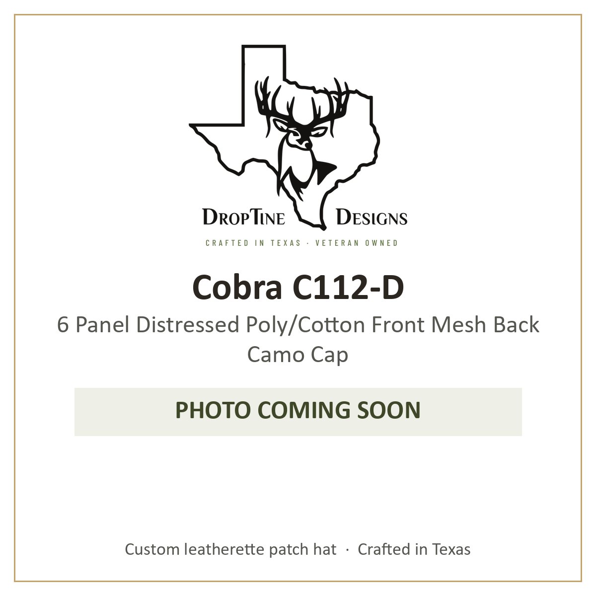 Photo coming soon: Cobra C112-D 6 Panel Distressed Poly/Cotton Front Mesh Back Camo Cap