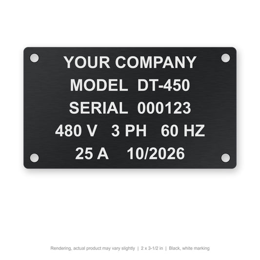 Anodized Aluminum Data Plate, 2 x 3-1/2 in, Black, white marking (rendering)