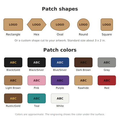 Patch shapes and leatherette patch colors (colors approximate)