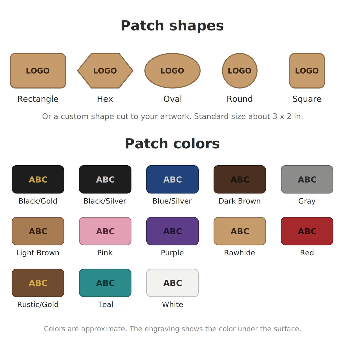 Patch shapes and leatherette patch colors (colors approximate)
