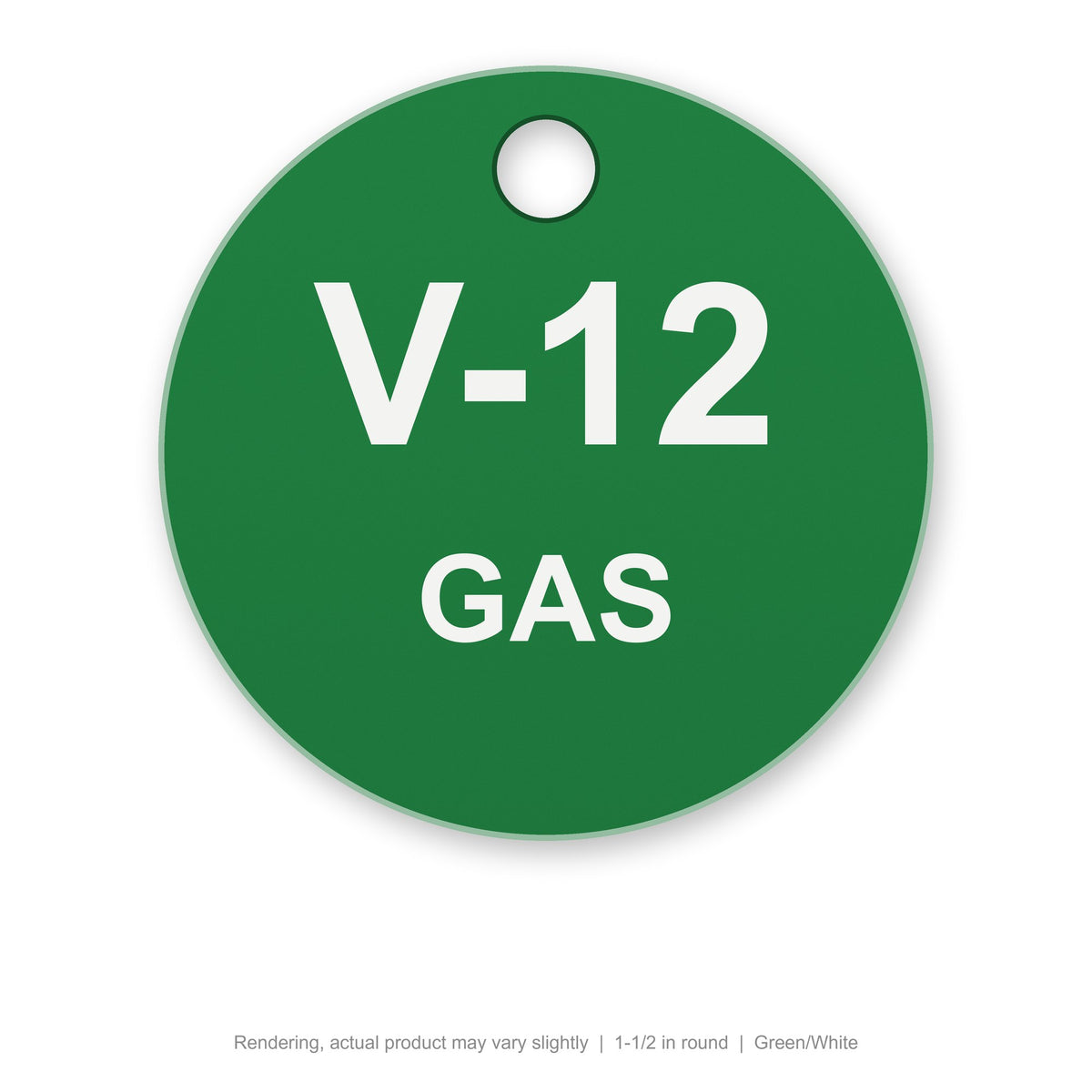 Engraved Plastic Valve Tag, 1-1/2 in round, Green/White (rendering)